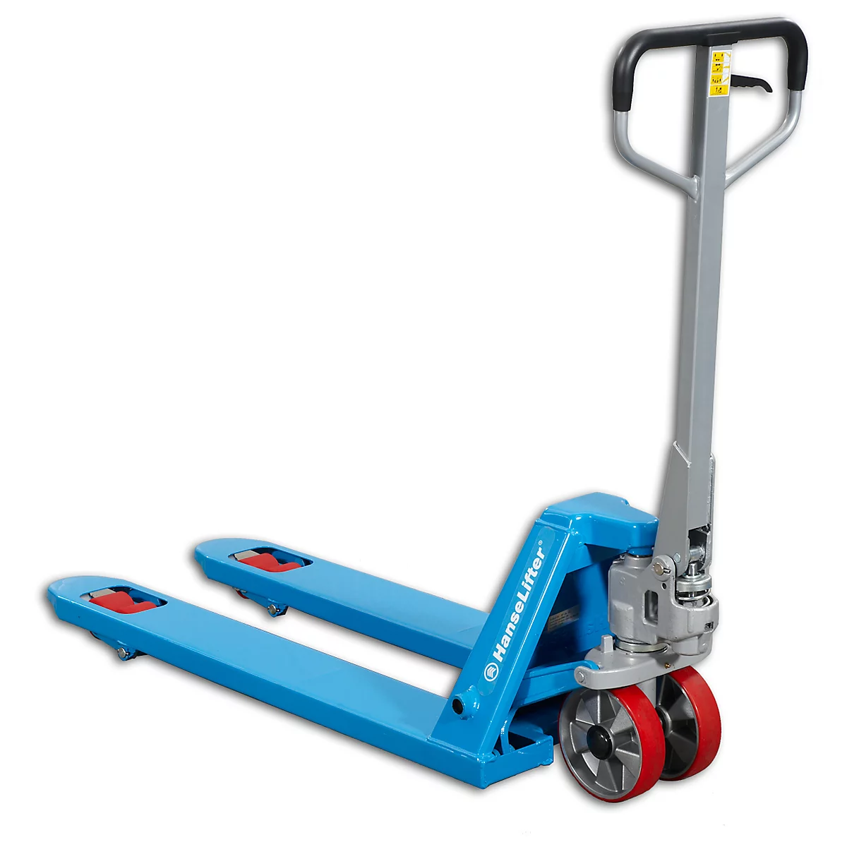 Blue pallet truck with red tires and black handle. Inscription: HanseLifter.