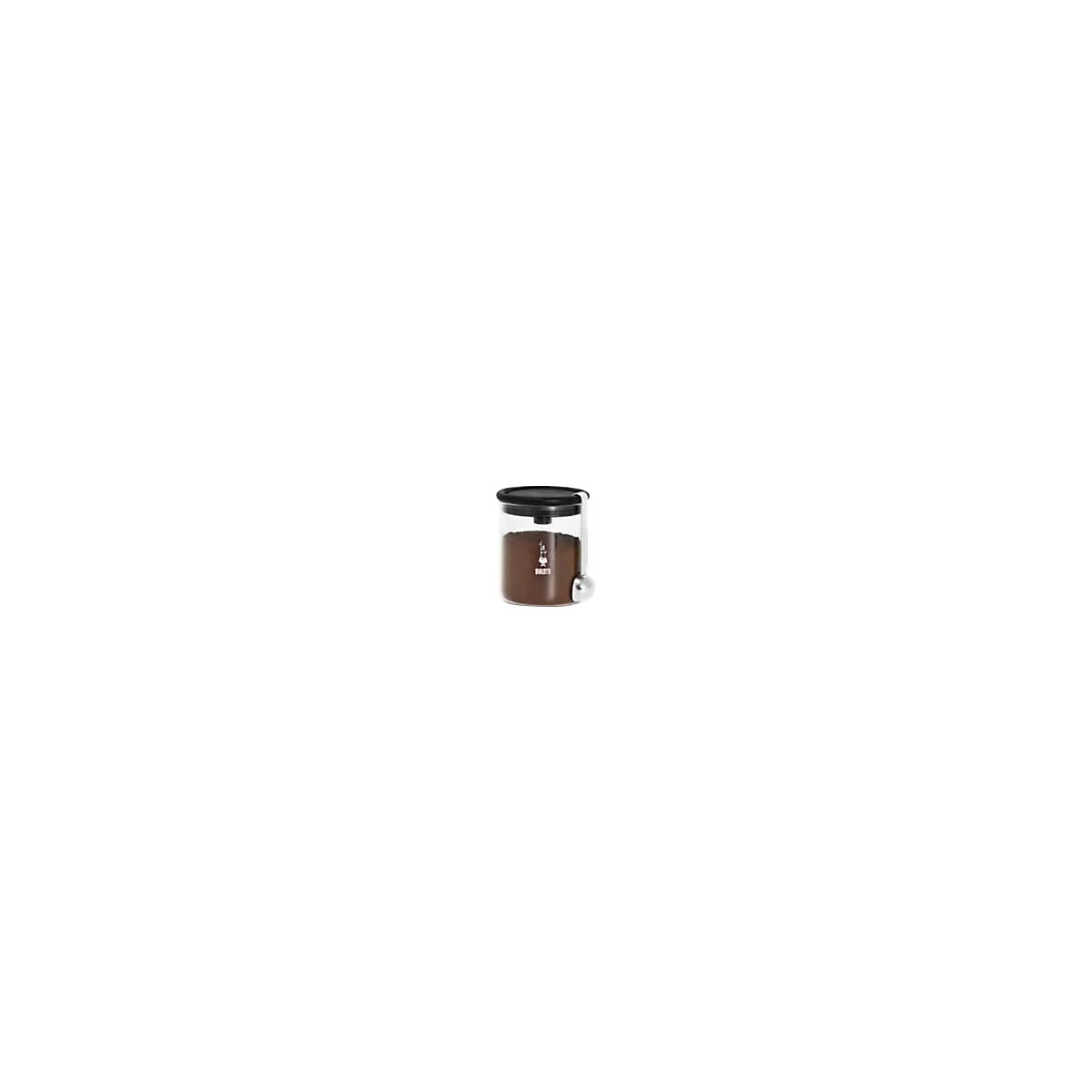 Bialetti Kaffeedose aus Glas mit schwarzem Deckel und integriertem Kaffeelöffel am Rand.