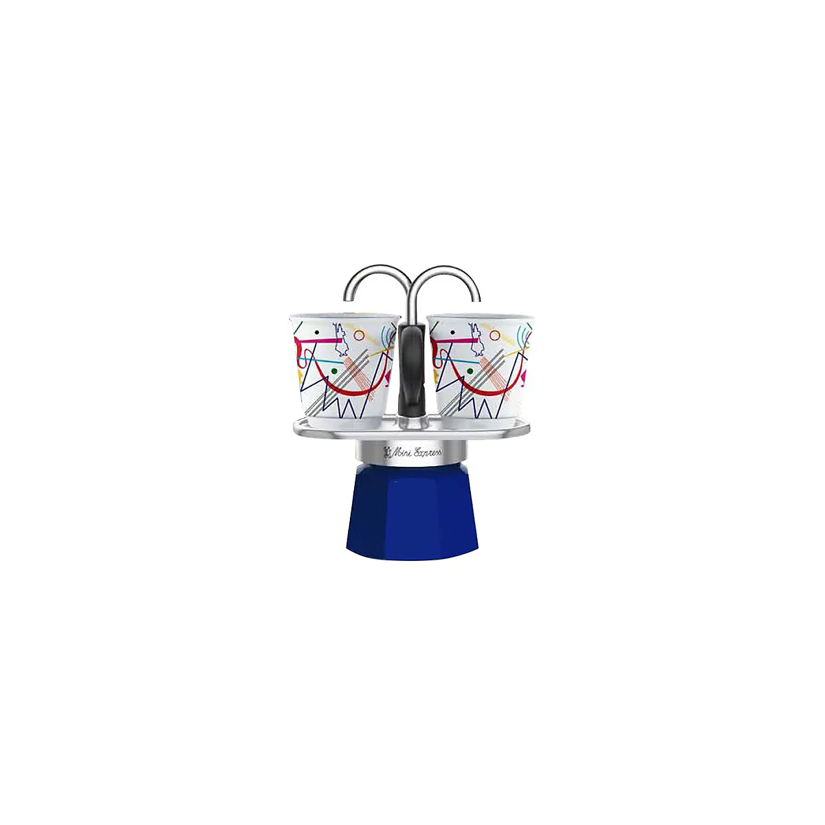 Bialetti Mini Express Espressokocher mit zwei Tassen im Kunst-Design auf weißem Hintergrund.