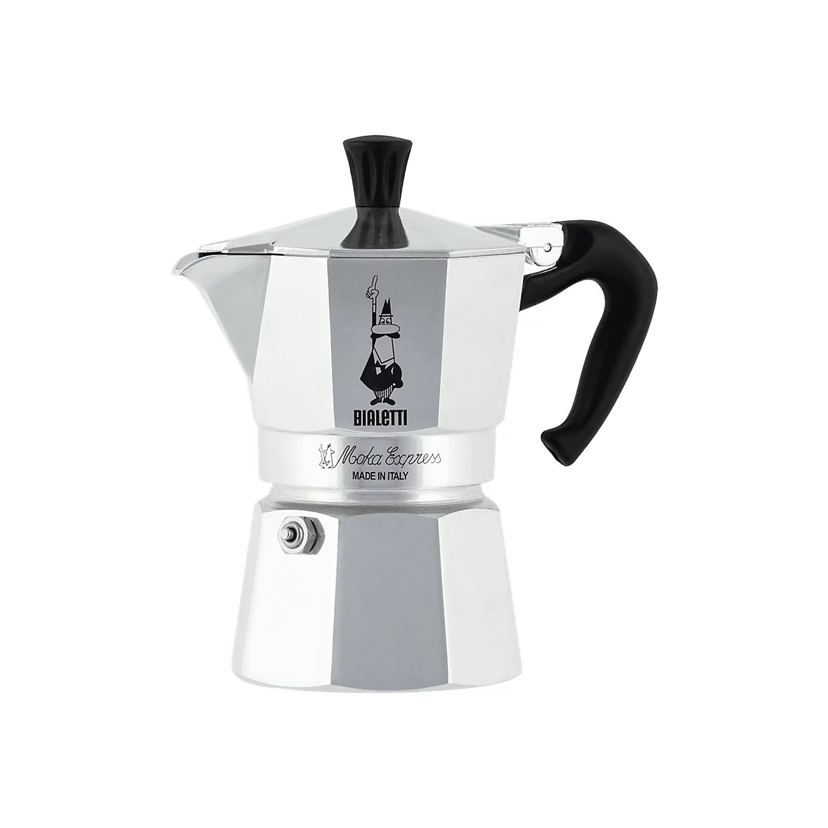 Klassische silberne Bialetti Moka Express Espressokocher aus Aluminium mit schwarzem Griff und Deckelknopf.