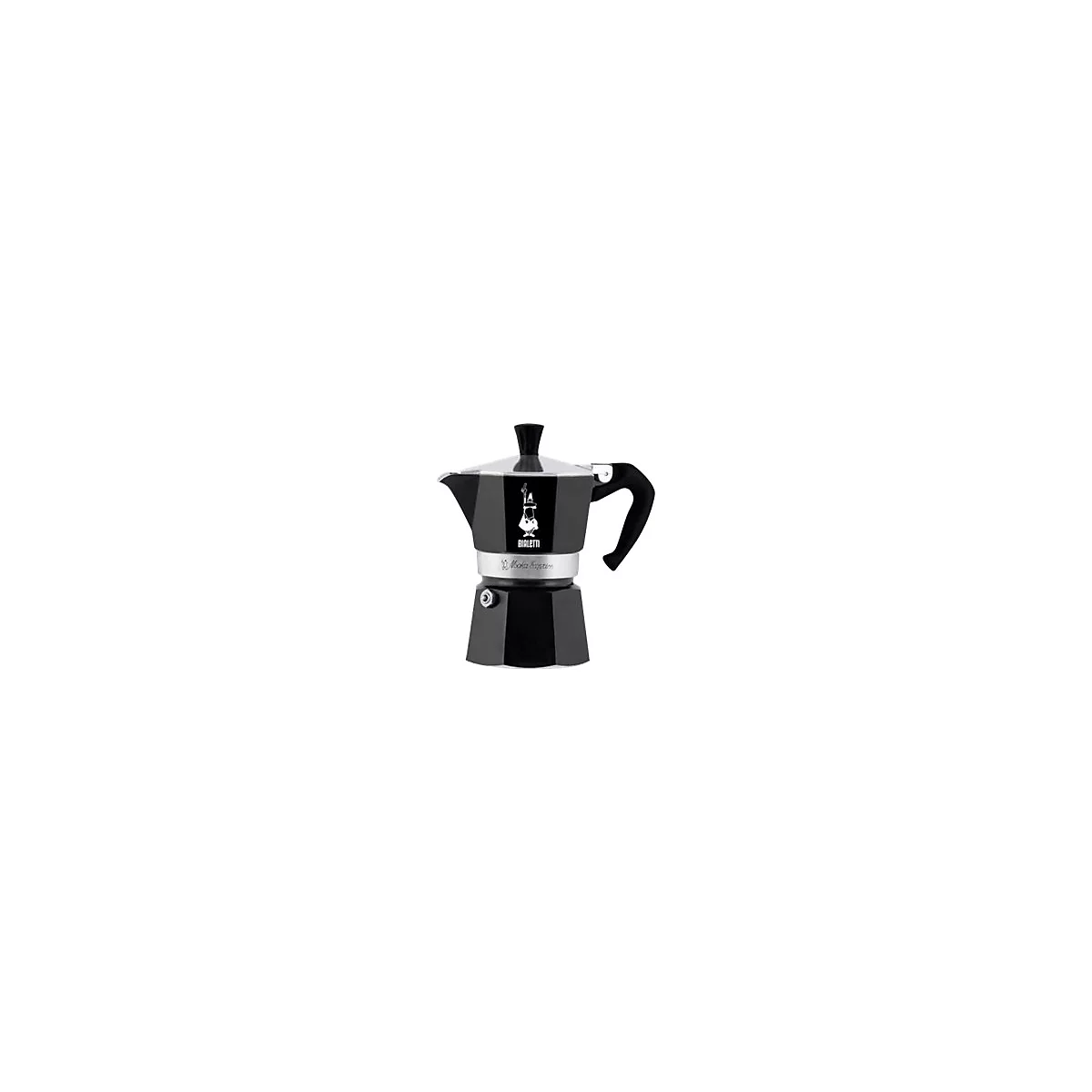 Schwarze Bialetti Moka Express Espressokocher aus Aluminium vor weißem Hintergrund.