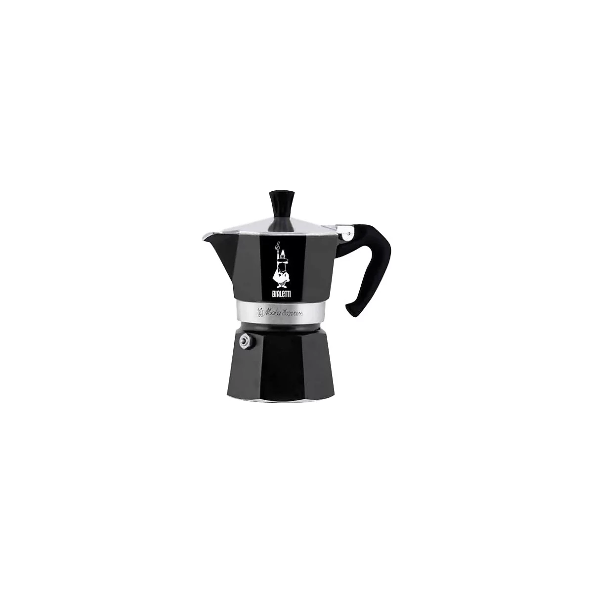 Schwarze Bialetti Moka Express Espressokocher mit acht Ecken auf weißem Hintergrund.