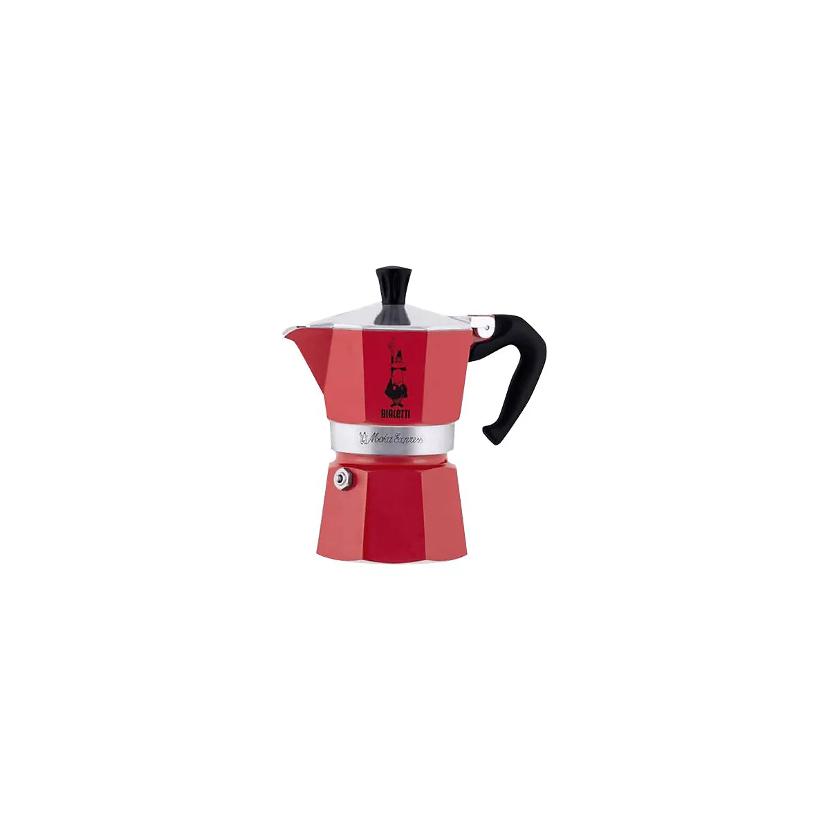 Roter Bialetti Moka Express Espressokocher mit schwarzem Griff und Logo vor weißem Hintergrund.