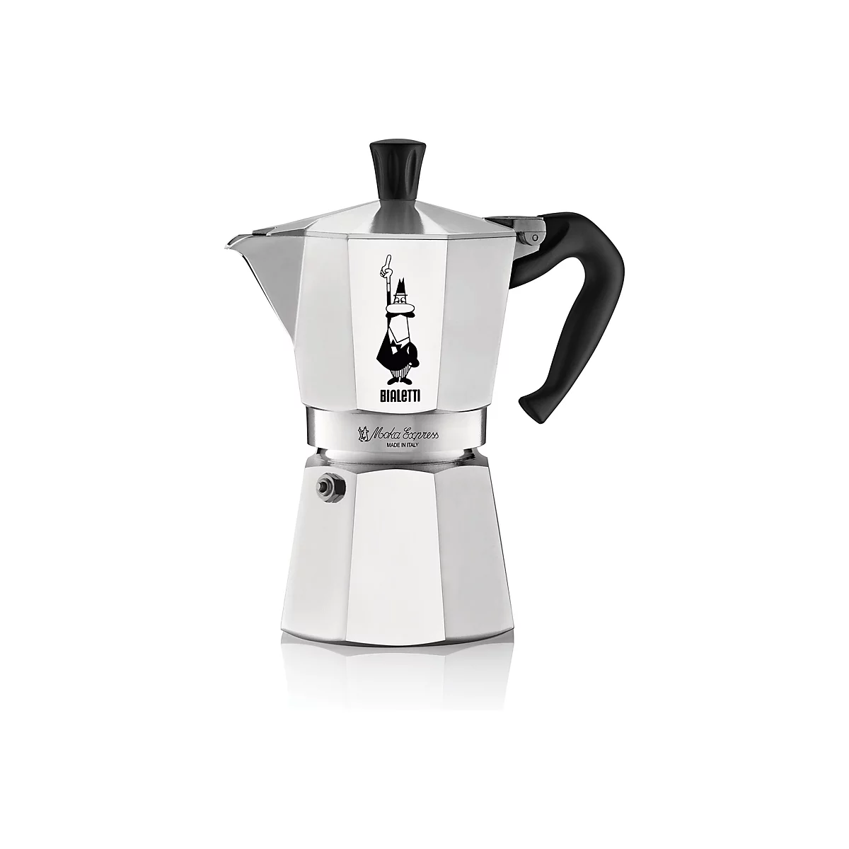 Klassische Bialetti Moka Express Espressokocher aus Aluminium mit schwarzem Griff vor weißem Hintergrund.