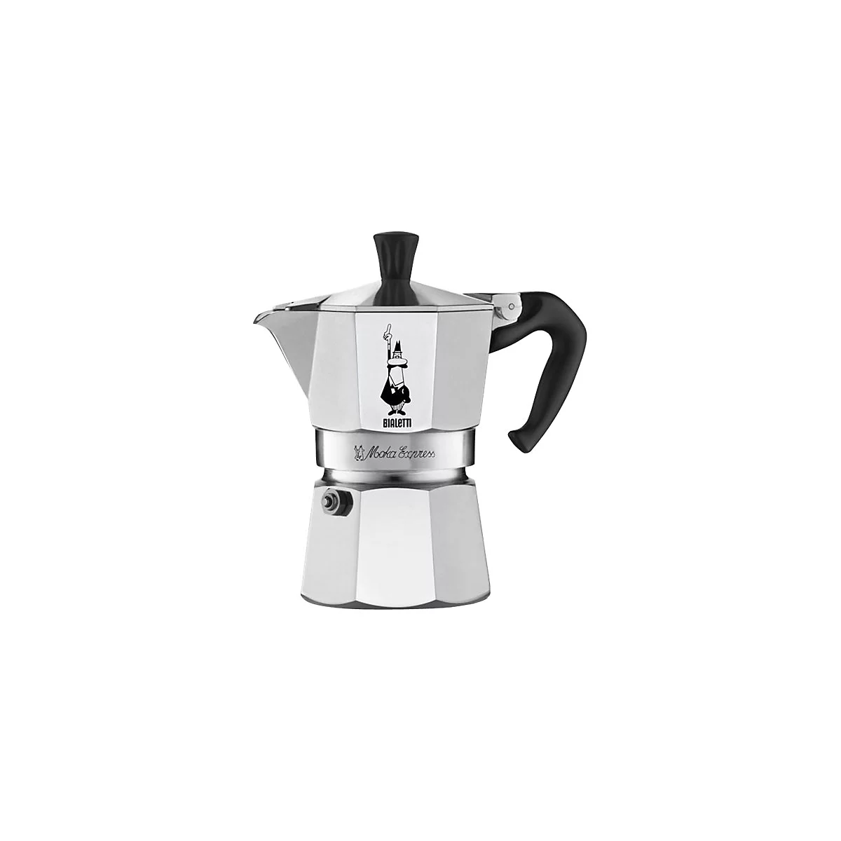 Klassische Bialetti Moka Express Kaffeekocher aus silbernem Aluminium mit schwarzem Griff vor weißem Hintergrund.