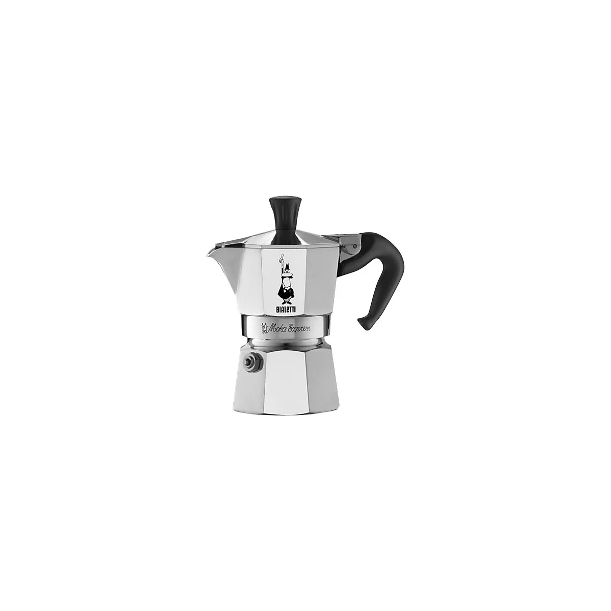 Klassische silberne Bialetti Moka Express Kaffeekanne mit schwarzem Griff und Logo vor weißem Hintergrund.