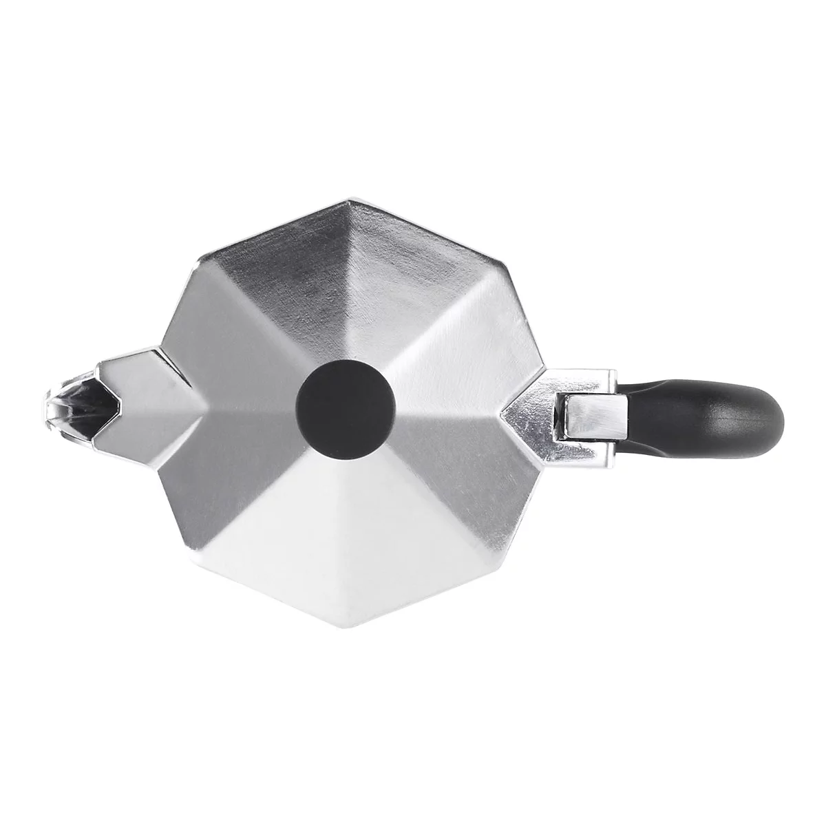 Draufsicht einer achteckigen Espressokanne aus Metall mit schwarzem Griff und Deckelknopf.