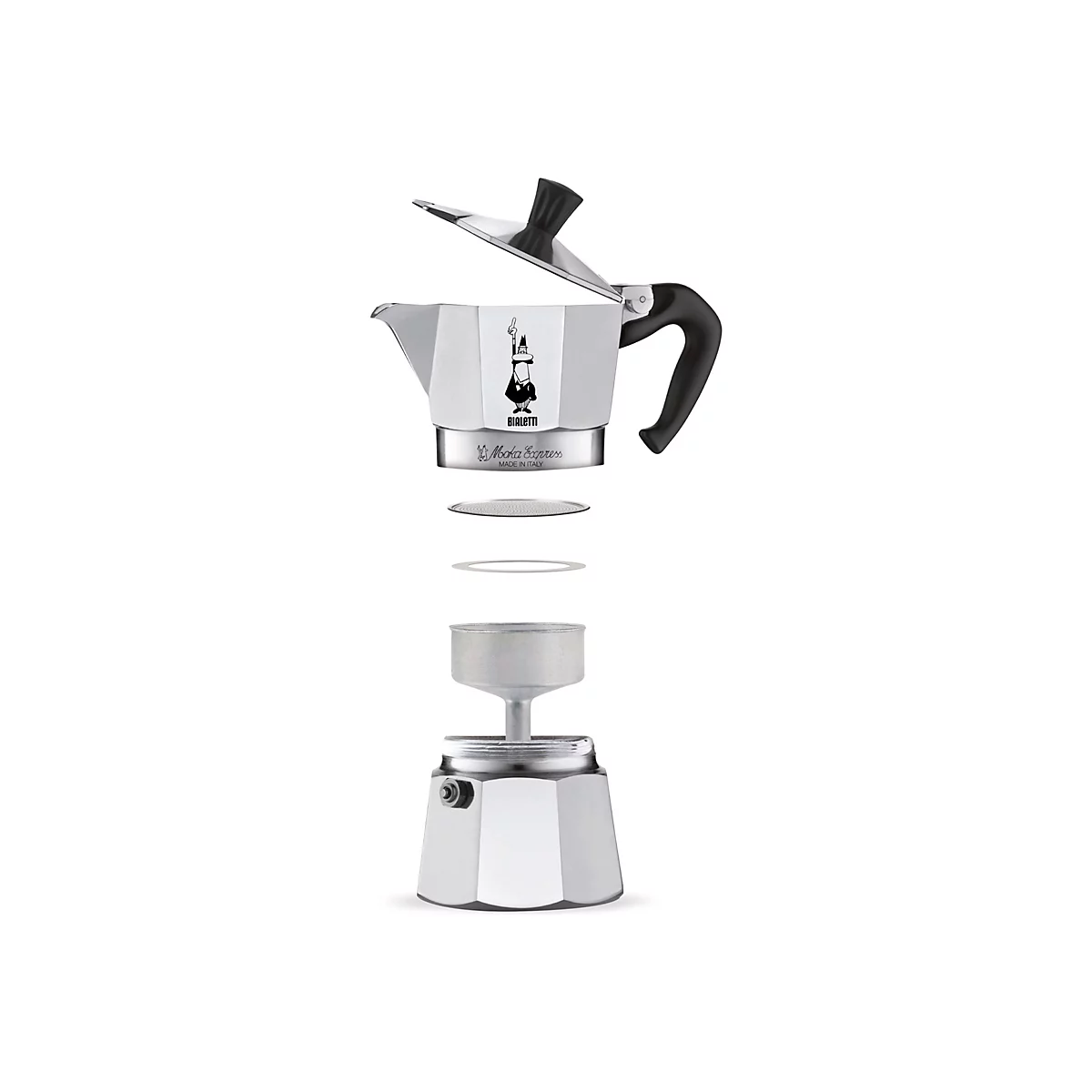 Explosionszeichnung einer silbernen Bialetti Moka Express Espressokocherin mit schwarzem Griff.