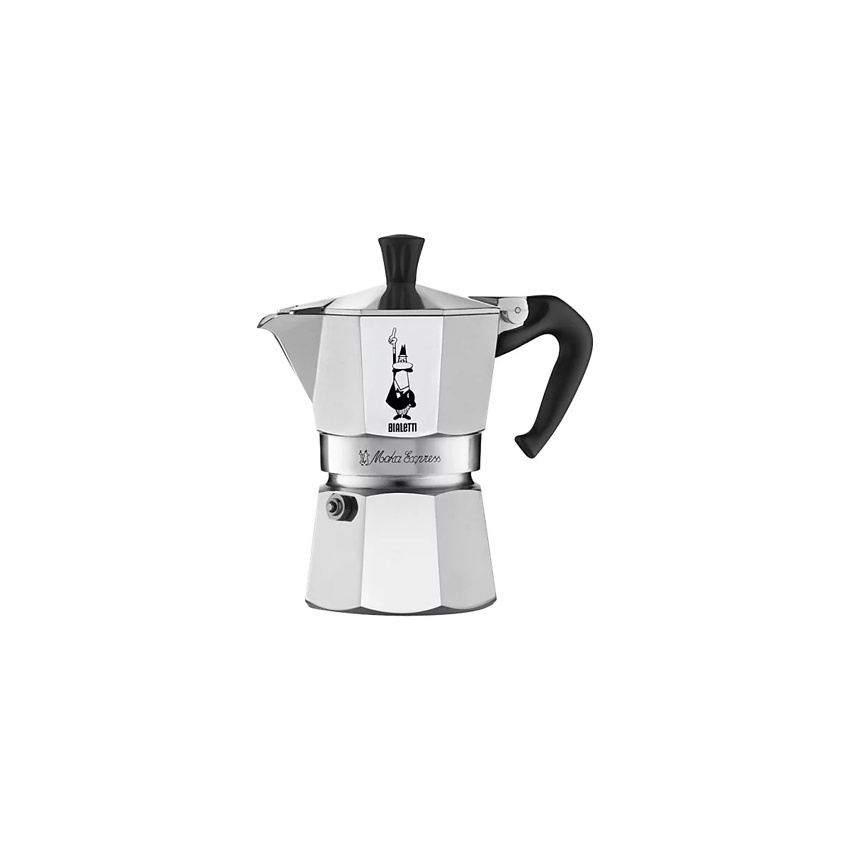 Klassischer Bialetti Moka Express Espressokocher aus Aluminium mit schwarzem Kunststoffgriff.