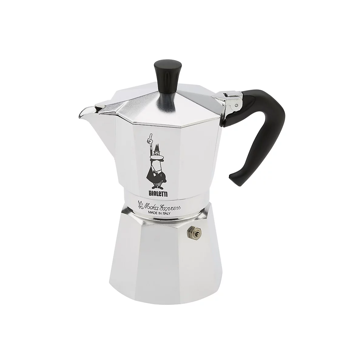 Klassische silberne Bialetti Moka Express Espressokocher aus Aluminium mit schwarzem Kunststoffgriff.