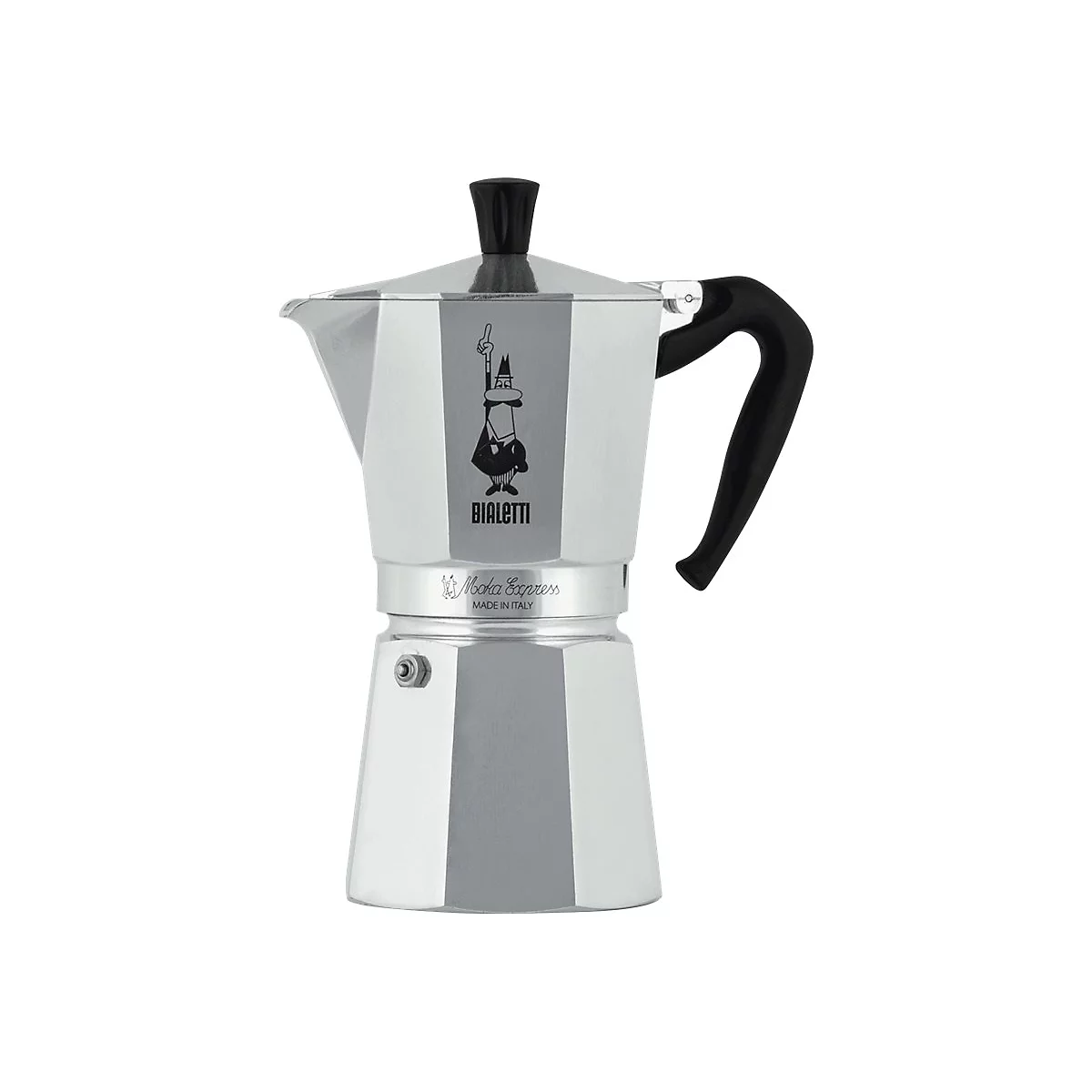 Klassischer, silberner Espressokocher von Bialetti mit schwarzem Griff und dem Markenlogo auf der Vorderseite.