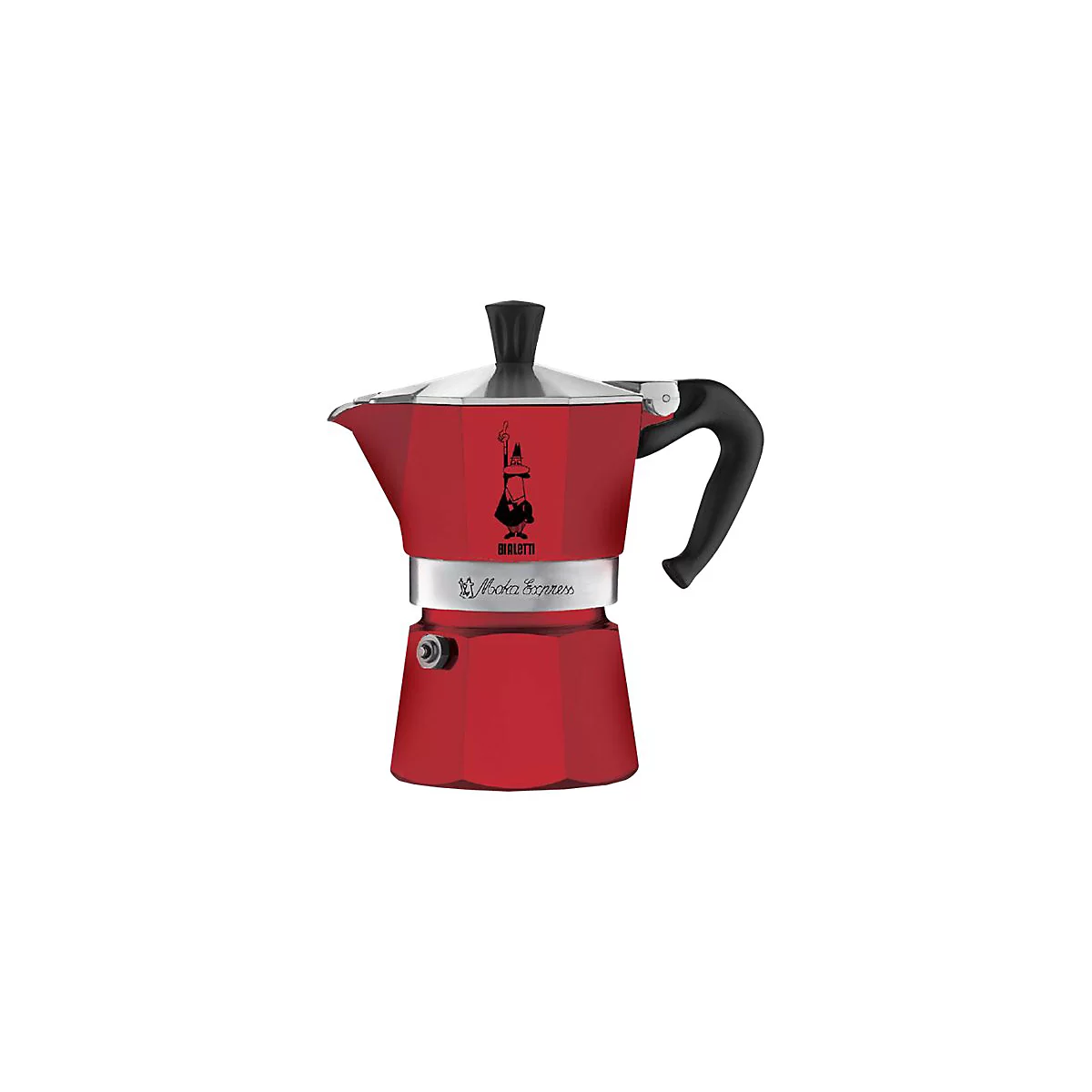 Rote Bialetti Moka Express Espressokocher mit schwarzem Griff vor weißem Hintergrund.