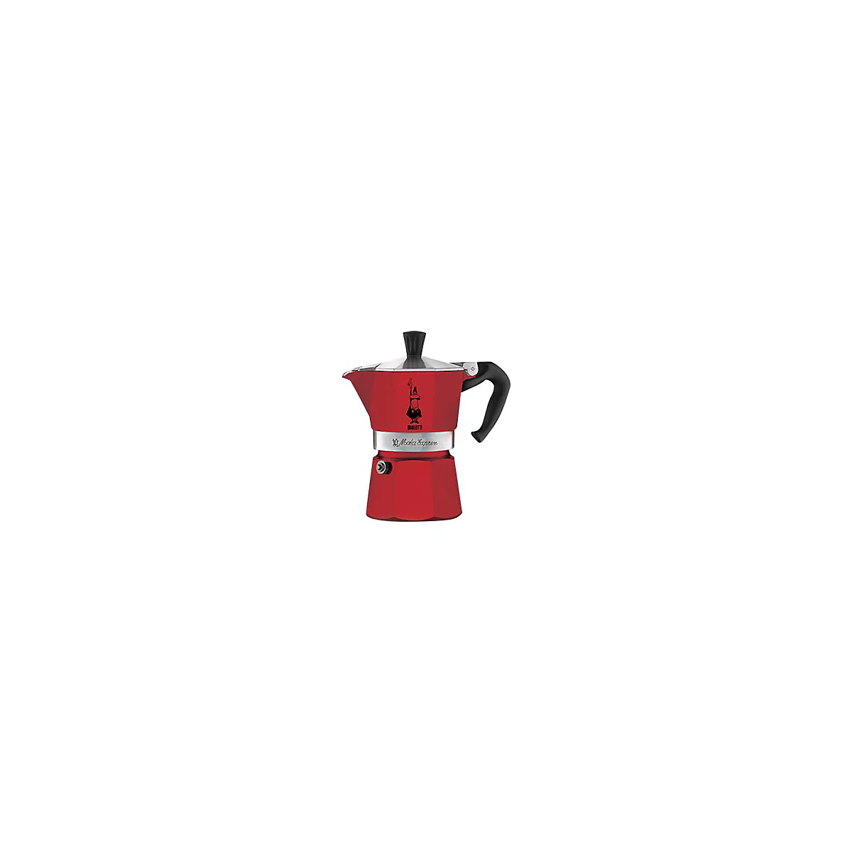 Rote Bialetti Mokka Express Kaffeekocher aus Aluminium vor weißem Hintergrund.