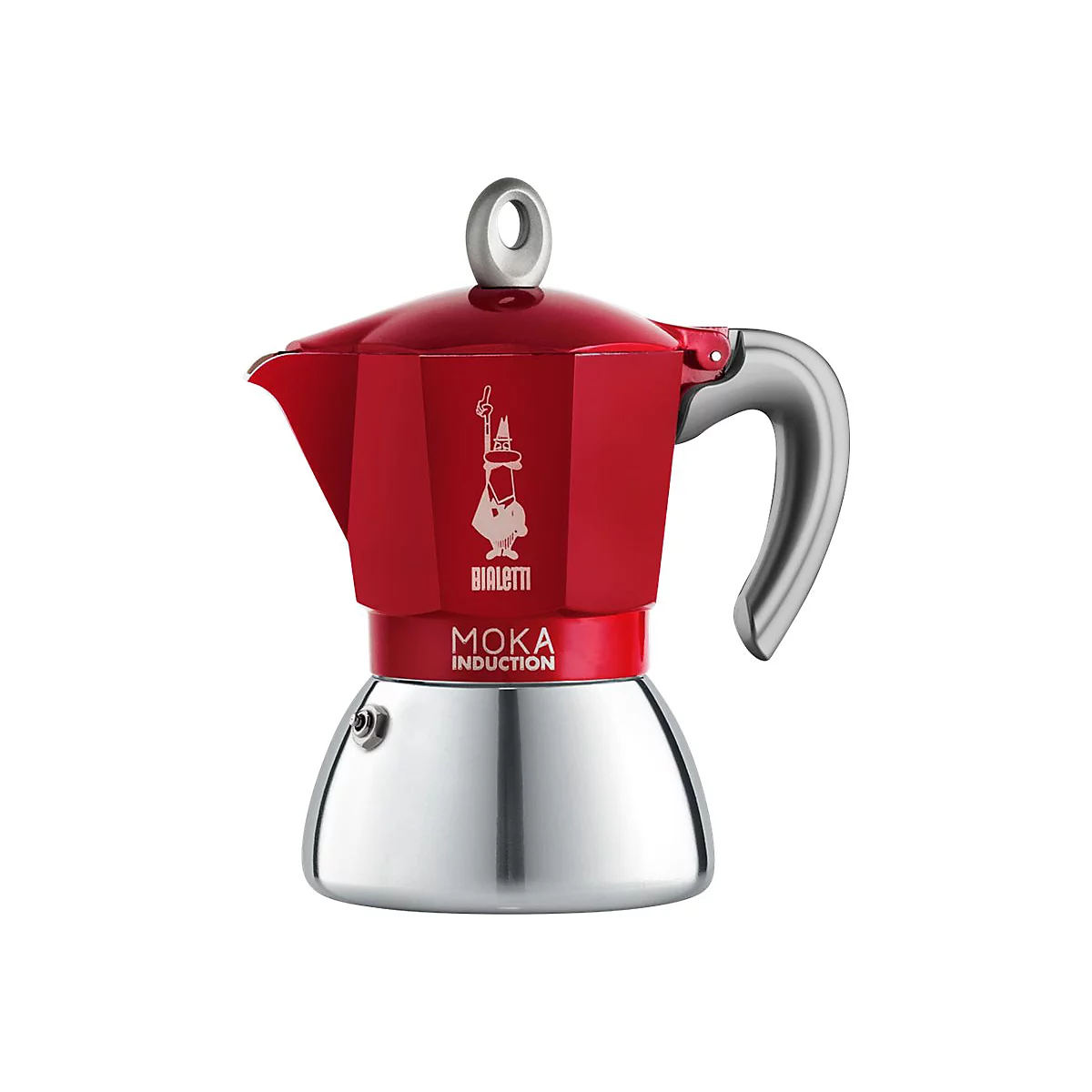 Rote Bialetti Moka Induction Espressokocher mit silbernem Unterteil und Griff vor weißem Hintergrund.
