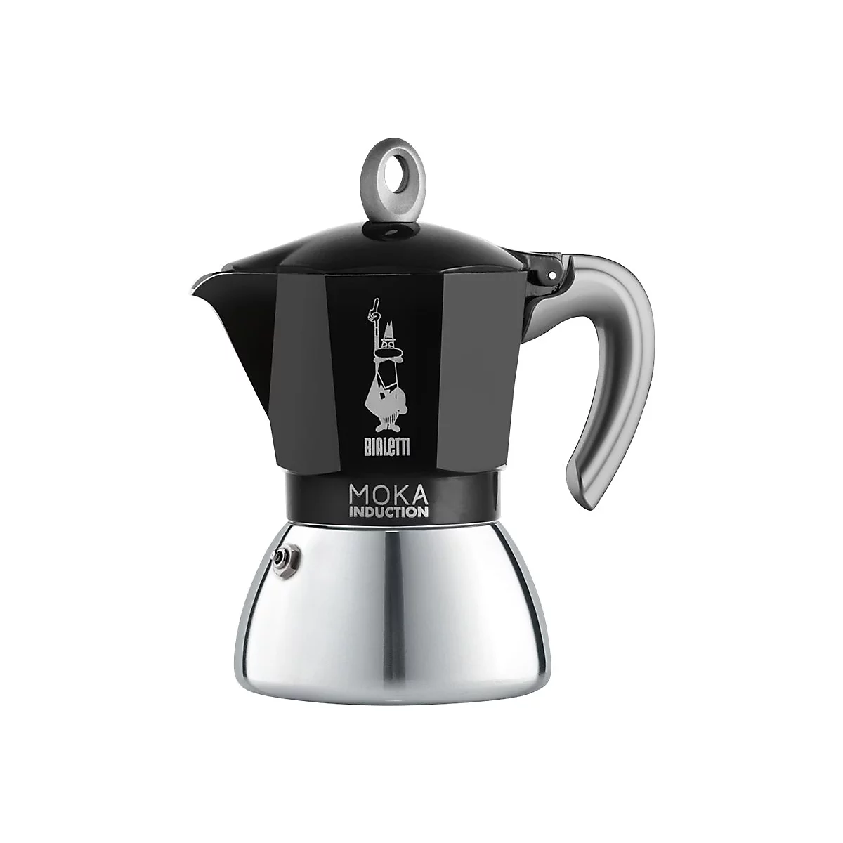 Schwarze Bialetti Moka Induction Espressokocher aus Metall vor weißem Hintergrund.