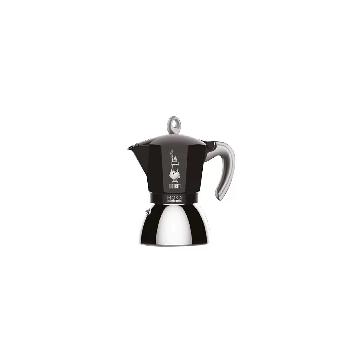 Schwarze Bialetti Moka Induction Espressokocher vor weißem Hintergrund mit silbernem Griff und Logo.
