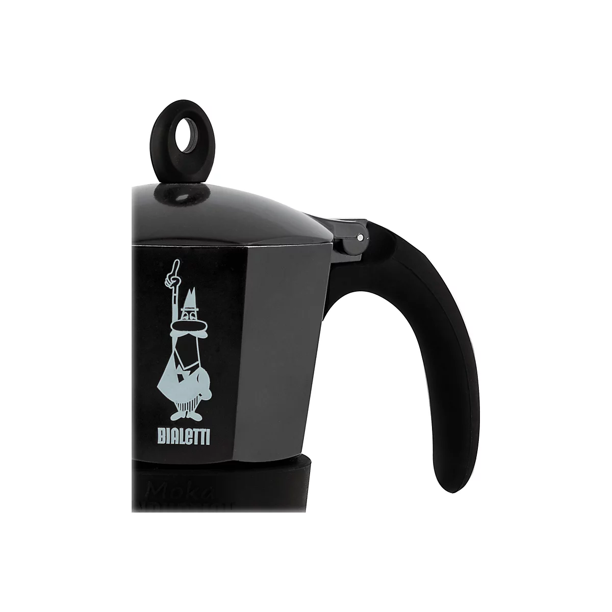 Nahaufnahme einer schwarzen Bialetti Espressokanne mit dem markanten Logo-Männchen auf der Seite.