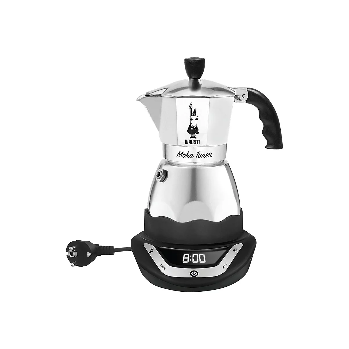 Elektrische Bialetti Moka Timer Espressokocher auf schwarzer Basis mit Digitalanzeige, zeigt 8:00 Uhr.