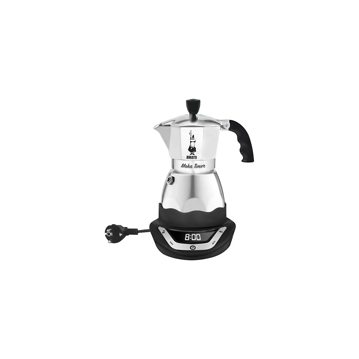 Elektrischer Bialetti Moka Timer Espressokocher aus silbernem Aluminium auf schwarzem Sockel mit Digitalanzeige.
