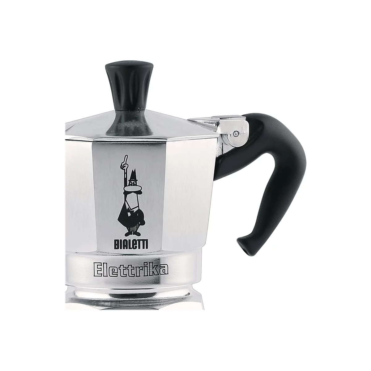 Nahaufnahme einer silbernen Bialetti Elettrika Espressokanne mit schwarzem Griff und dem Markenlogo.