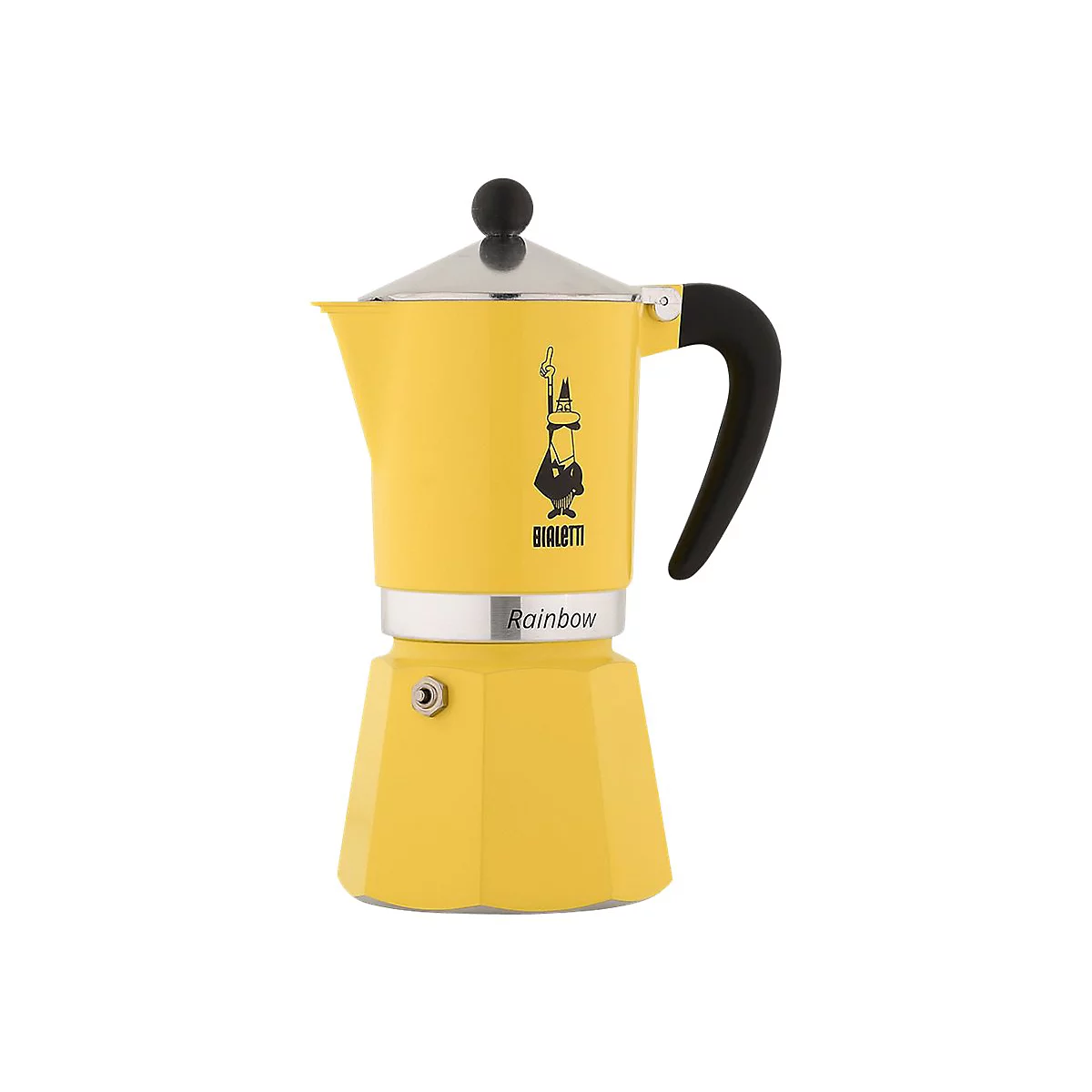 Gelbe Bialetti Rainbow Espressokocher aus Aluminium mit schwarzem Griff vor weißem Hintergrund.