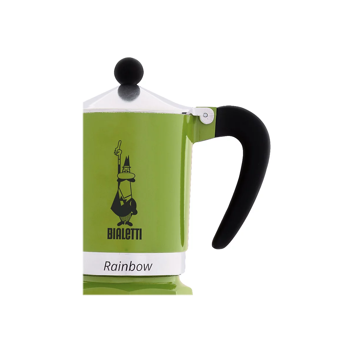Grüne Bialetti Espressokocher mit schwarzem Griff und Logo vor weißem Hintergrund.