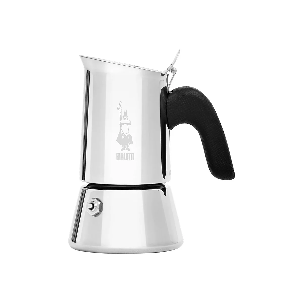 Glänzender Bialetti Espressokocher aus Edelstahl mit schwarzem Kunststoffgriff vor weißem Hintergrund.