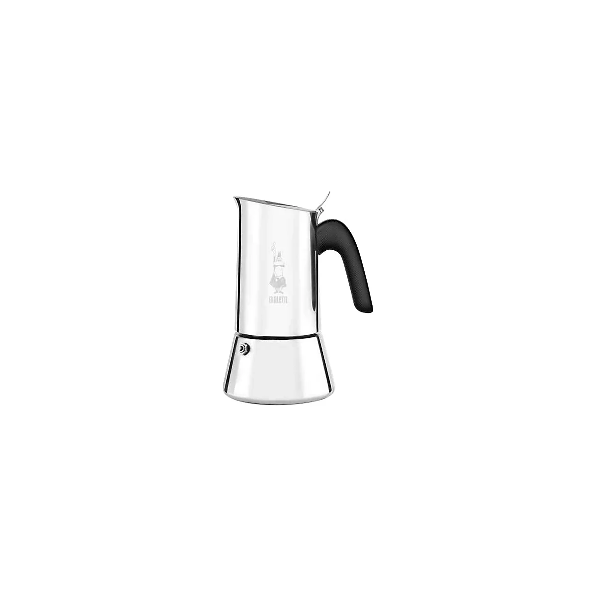 Silberne Bialetti Espressokocher aus Edelstahl mit schwarzem Griff vor weißem Hintergrund.