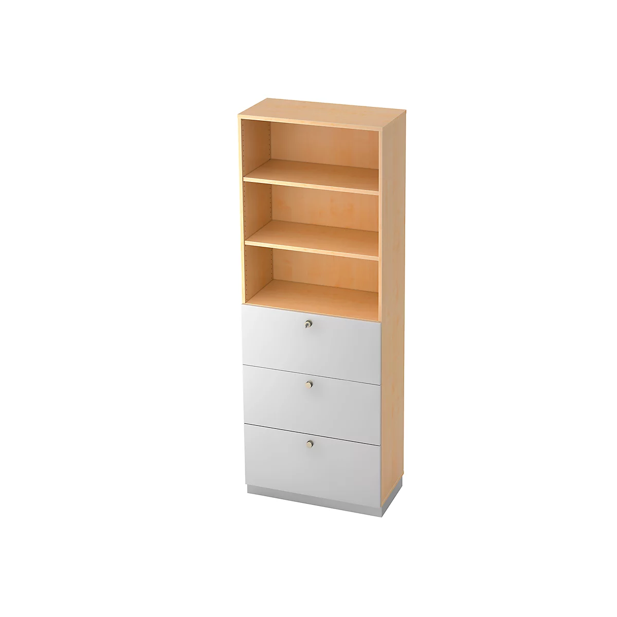 Bibliothèque combinée, 3 compartiments + 3 tiroirs à DS, 6 HC, l. 800 x P 420 mm, décor érable/argenté