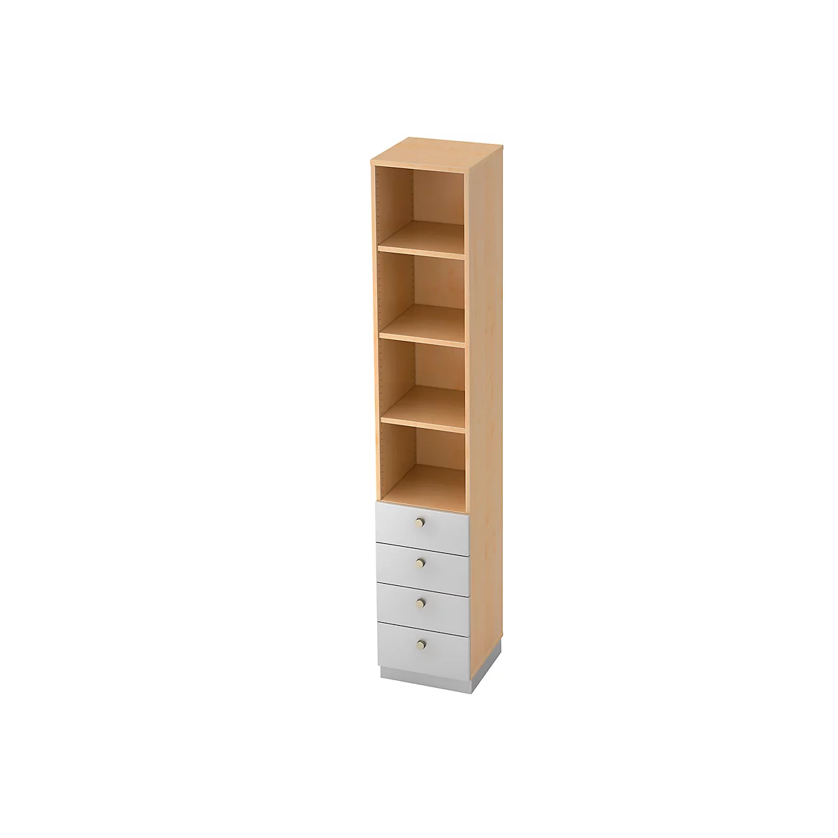 Bibliothèque combinée 3 étagères + 4 tiroirs, en panneaux de particules, l. 400 x P 420 x H 2200 mm, décor érable/argenté