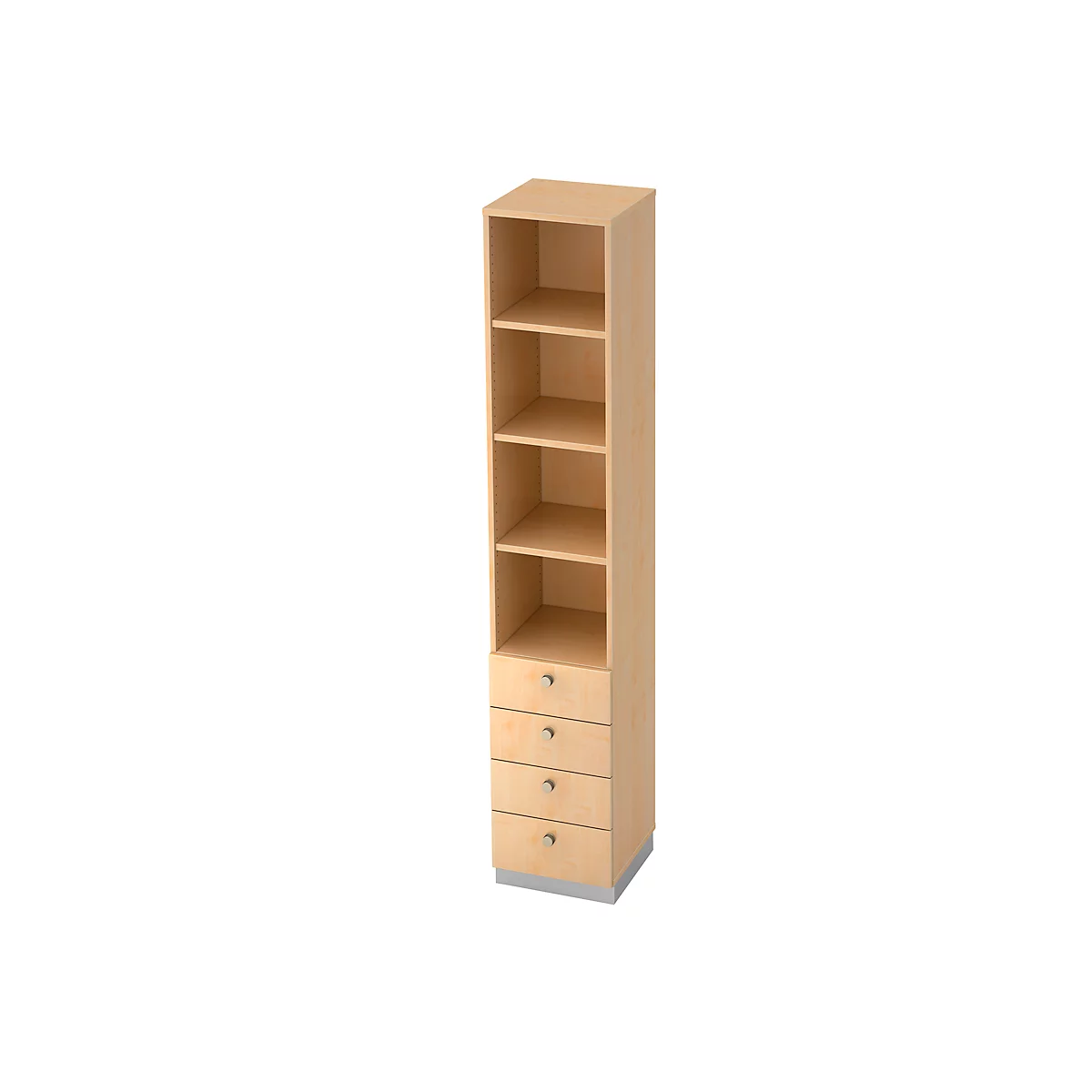 Bibliothèque combinée 3 étagères + 4 tiroirs, en panneaux de particules, l. 400 x P 420 x H 2200 mm, décor érable