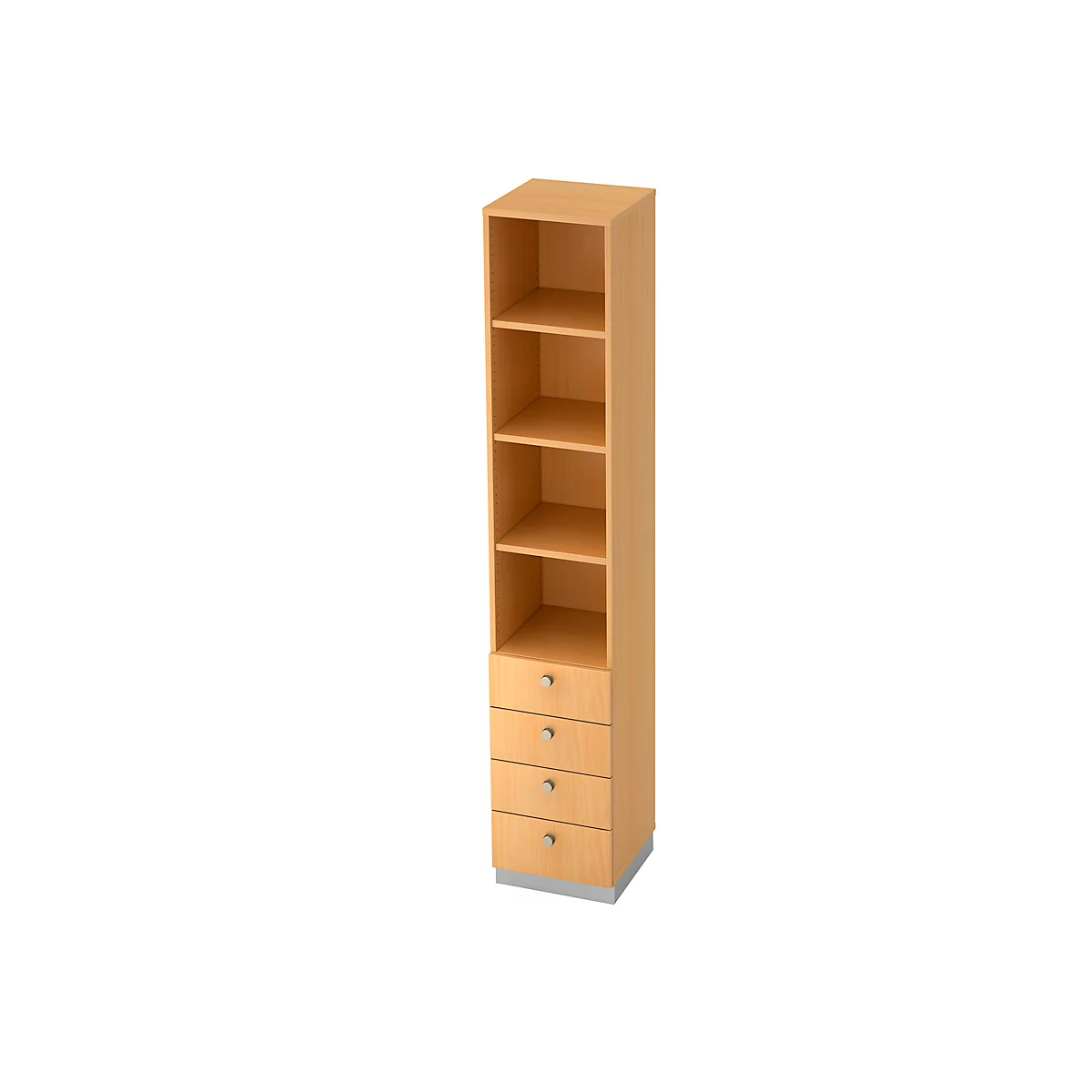 Bibliothèque combinée 3 étagères + 4 tiroirs, en panneaux de particules, l. 400 x P 420 x H 2200 mm, décor hêtre