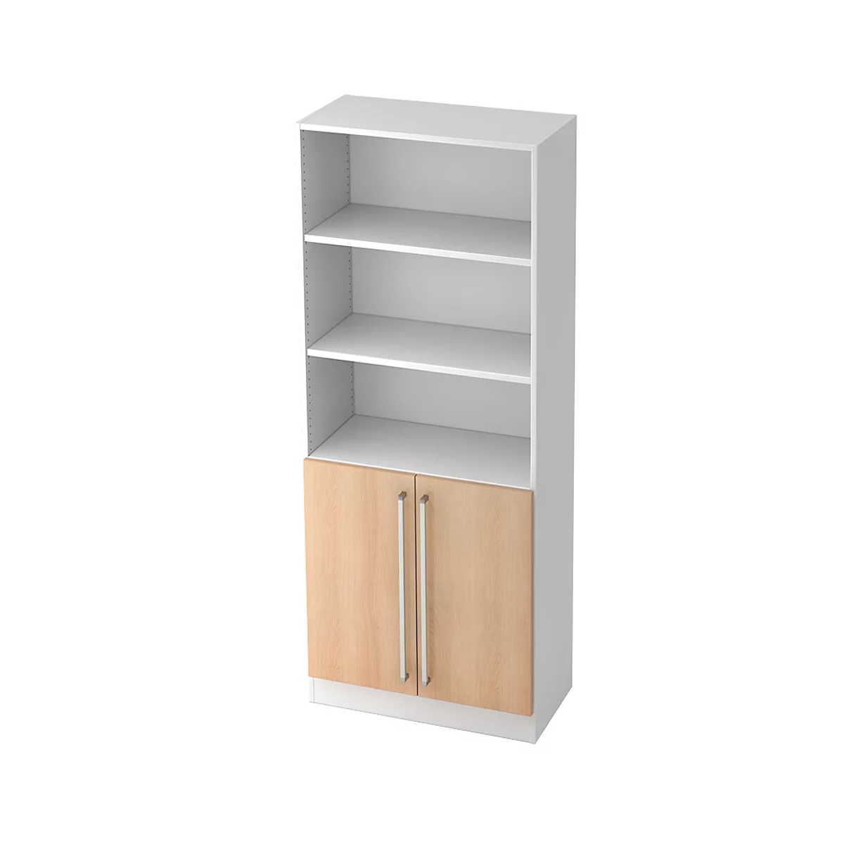 Bibliothèque combinée TARVIS, 5 HC, 3 compartiments + 2 portes avec poignée, l. 800 x P 420 x H 2004 mm, blanc/décor chêne