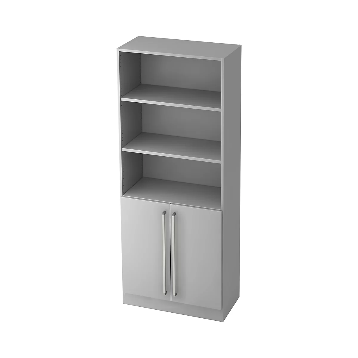 Bibliothèque combinée TARVIS, 5 HC, 3 compartiments + 2 portes avec poignée, l. 800 x P 420 x H 2004 mm, gris clair