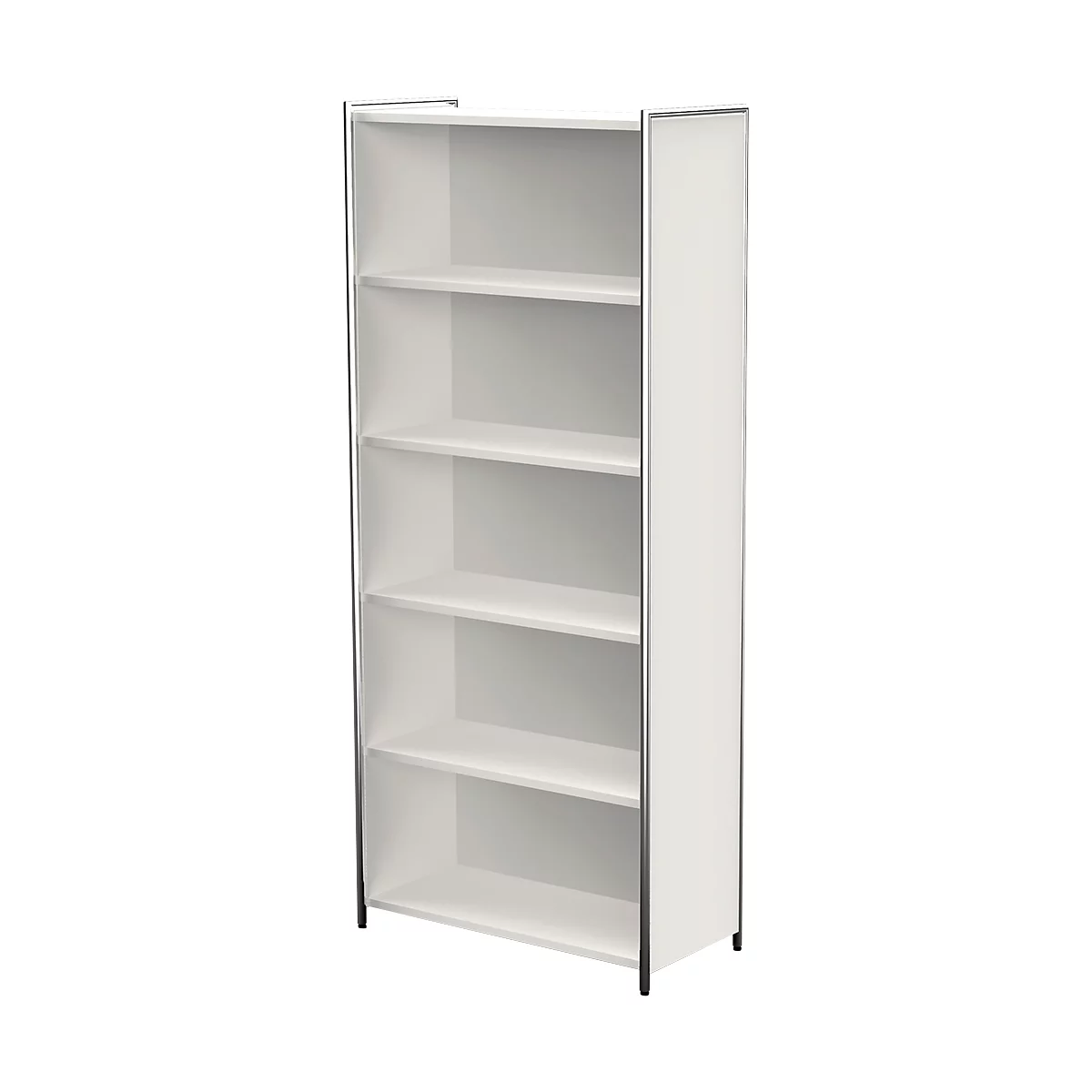 Bibliothèque étagère TOLEDO, avec panneau de finition visible, 5 HC, l. 800 x P 380 x H 1850 mm, blanc