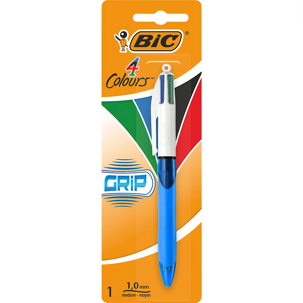 BIC 4 Colours Grip Vierfarb-Kugelschreiber mit mittlerer Spitze und weichem Griff, 1 Stück