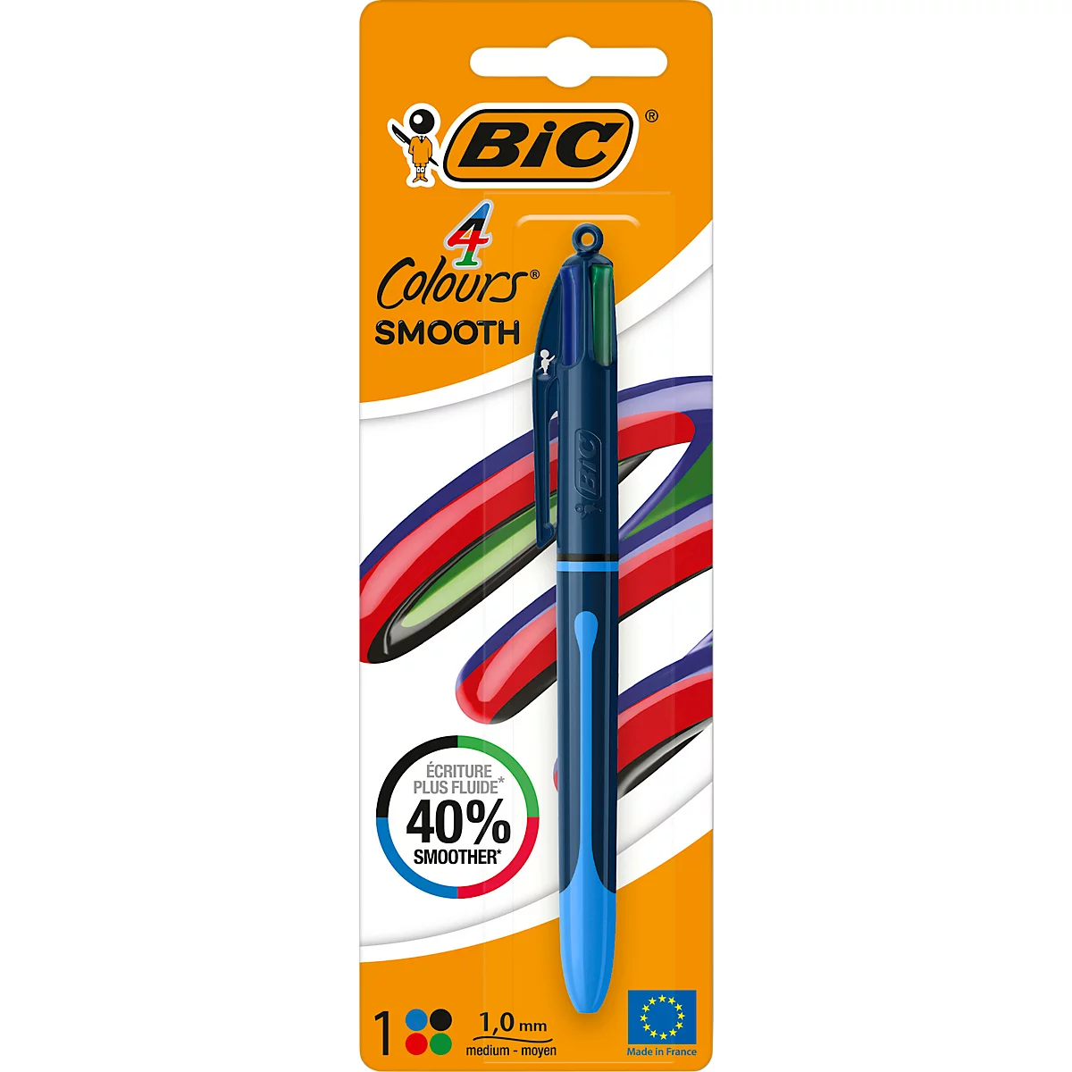 BIC 4 Colours Smooth Vierfarbkugelschreiber mit 40 % weicherer Tinte, 1 Stück im Blister, Schaftfarbe Drop-Blau