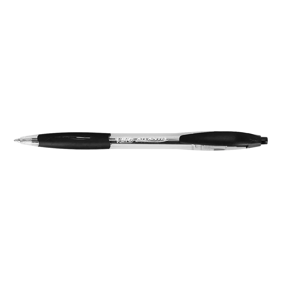 A ballpoint pen with a black grip and a transparent barrel showing the text 'BIC'.