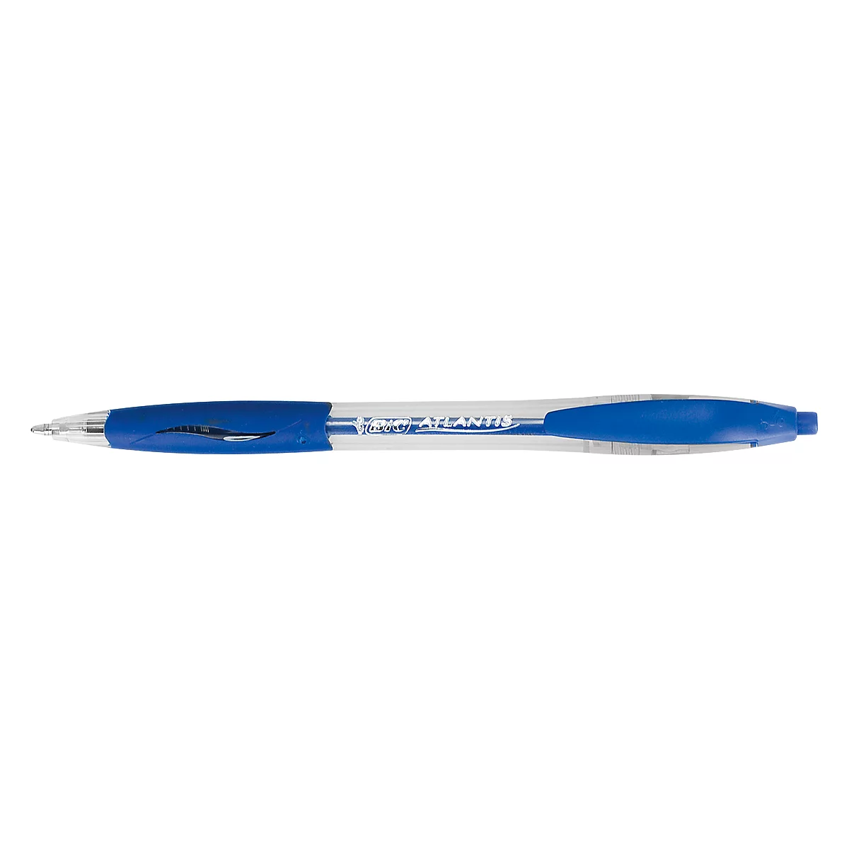 Blue pen, with blue grip and tip. The pen has a white shaft with text. A dolphin is depicted on the blue part.