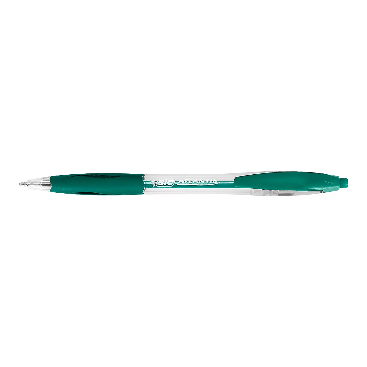 A green ballpoint pen on a white background. The pen has a green handle and a transparent barrel. The tip of the pen is visible.