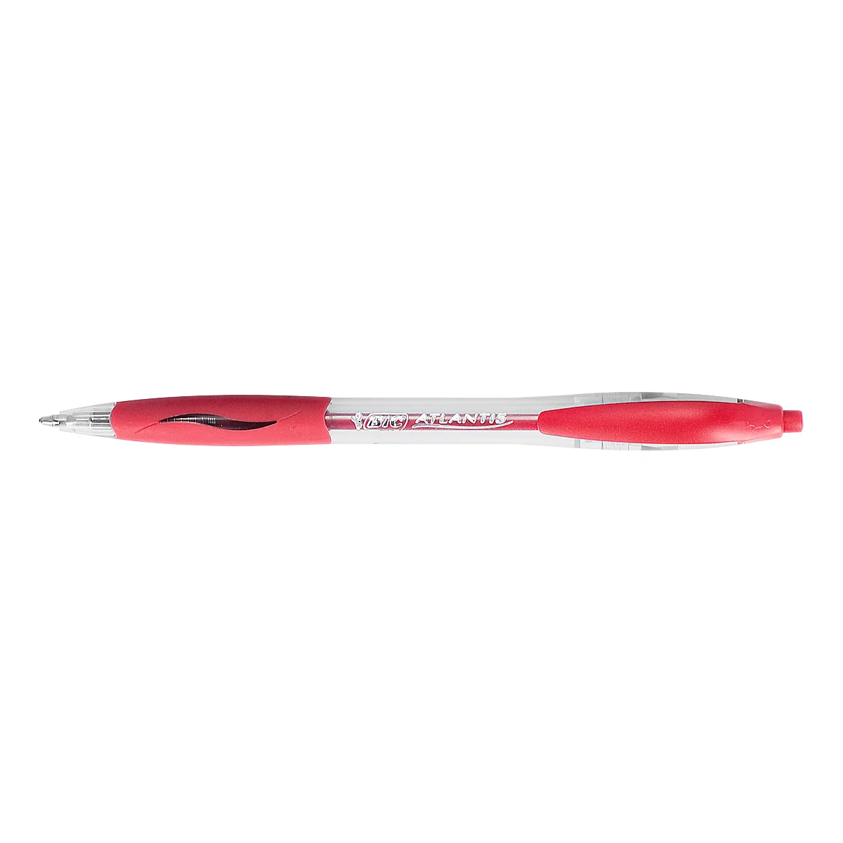 A red ballpoint pen with a transparent shaft and a red grip zone. The pen has a black clip and lettering.