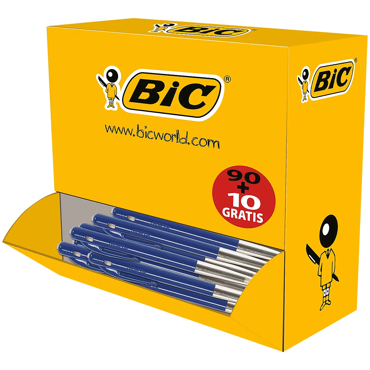 Gele Bic-pennenbox. 90 + 10 gratis in rode cirkel. Blauwe pennen liggen in de opening.