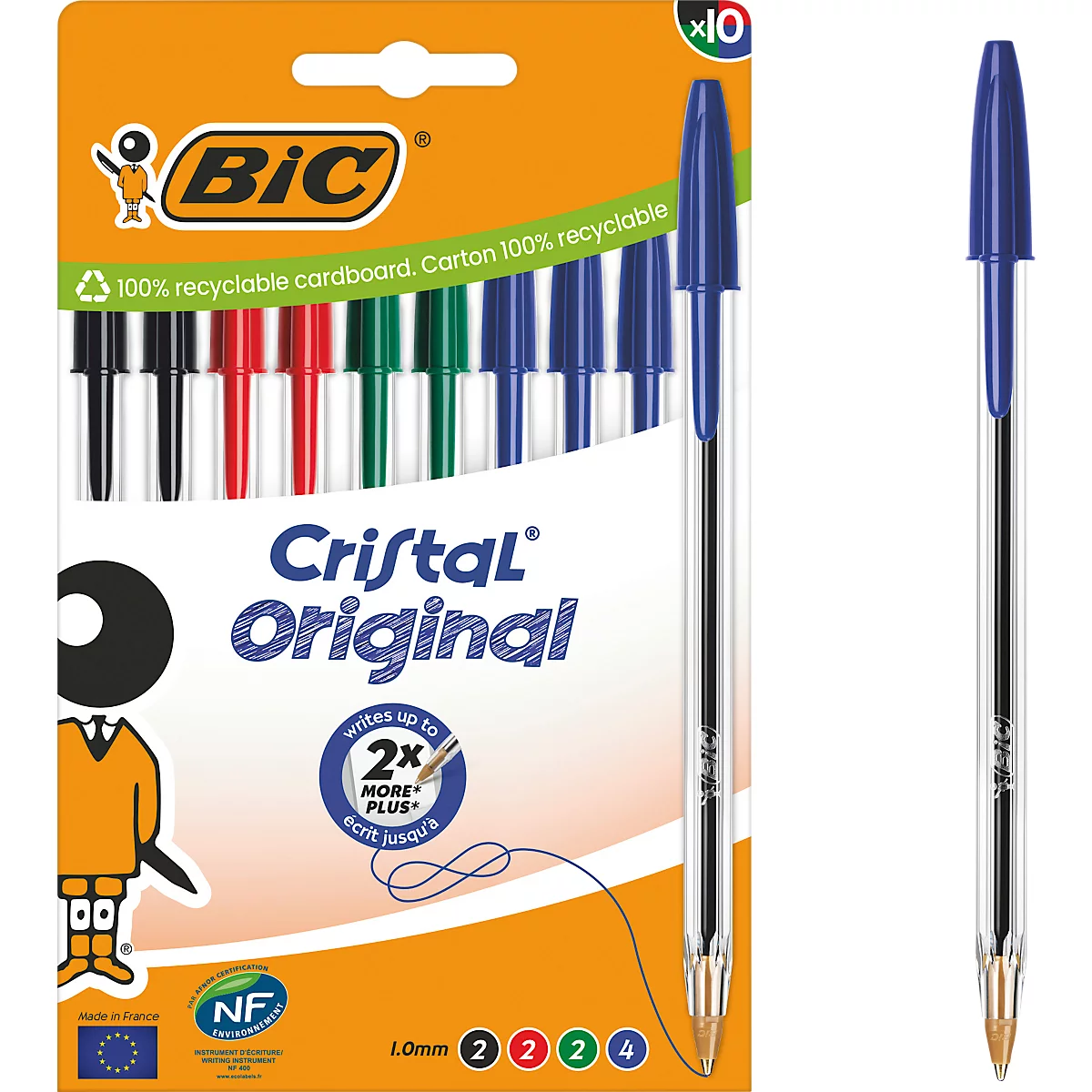 BIC Cristal Original Kugelschreiber Farbmix, 10er Box, 1,0 mm, mittlere Spitze