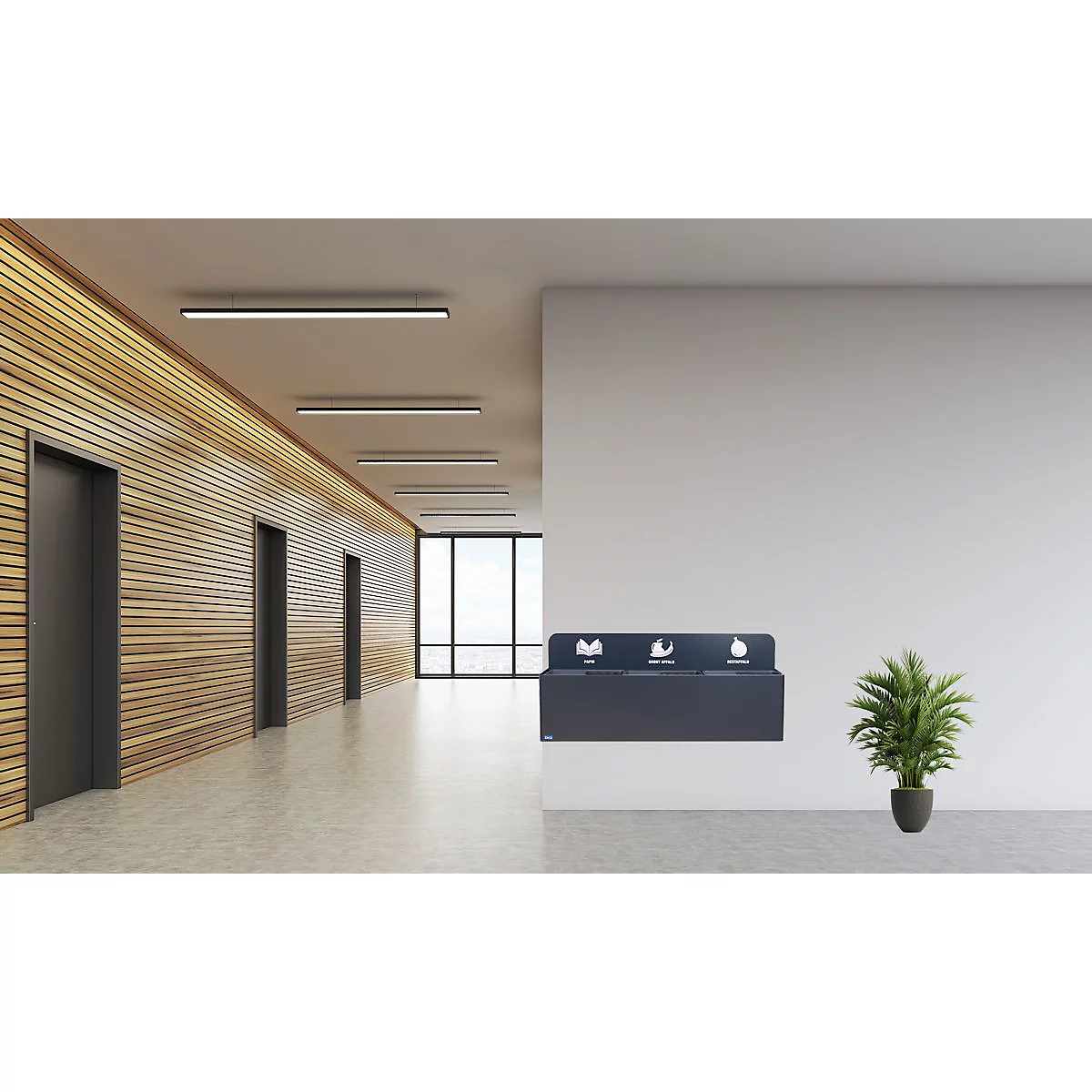Bica collecteur de déchets 811, 3 x 20 litres, montage mural, acier peint par poudrage, L 1140 x P 290 x H 450 mm, anthracite