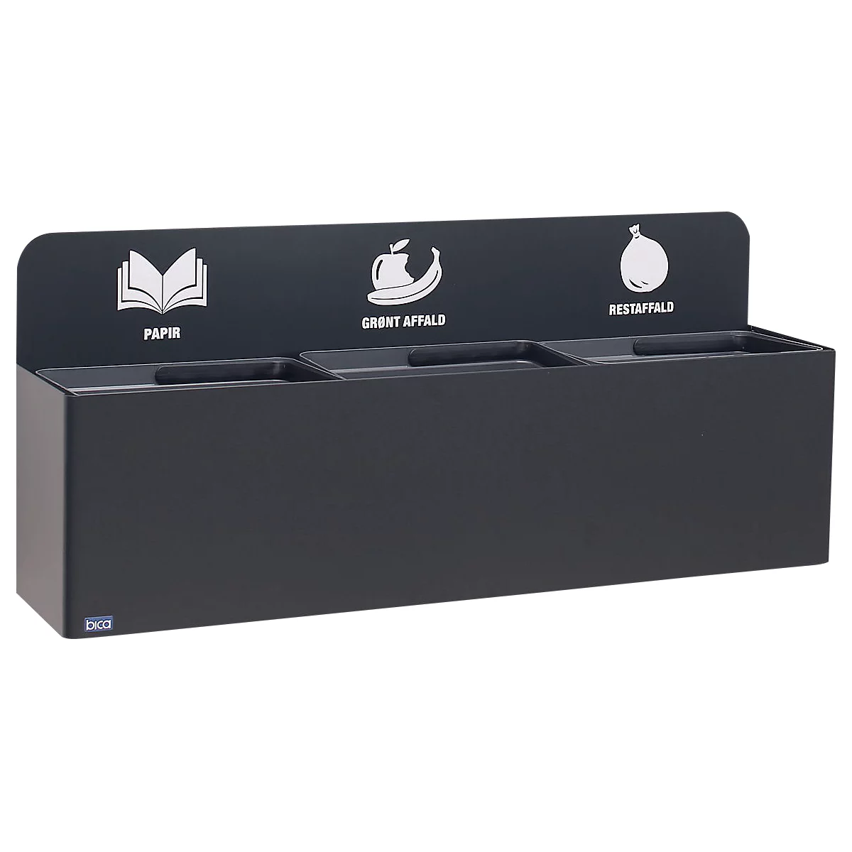 Bica recycleerbak 811, 3 x 20 liter, wandgemonteerd, gepoedercoat staal, B 1140 x D 290 x H 450 mm, zwart