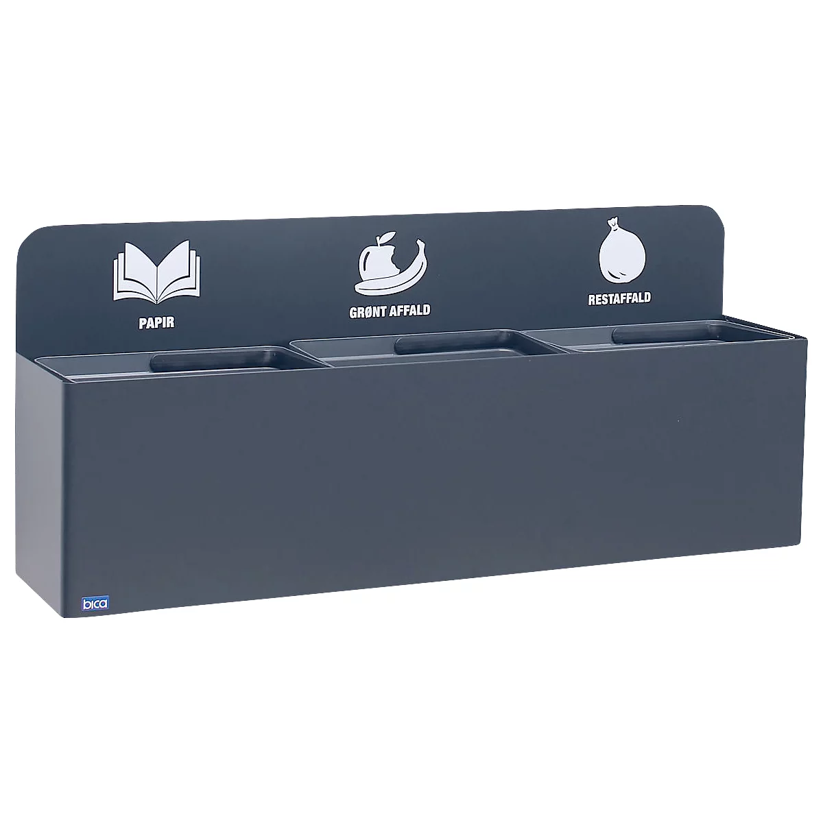 Bica Wertstoffsammler 811, 3 x 20 Liter, Wandmontage, pulverbeschichteter Stahl, B 1140 x T 290 x H 450 mm, anthrazit