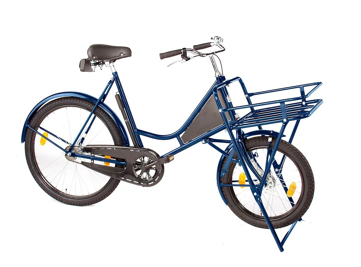 Bicicleta de carga, cuadro de acero, con portacargas en la rueda delantera, soporte de la rueda delantera, azul