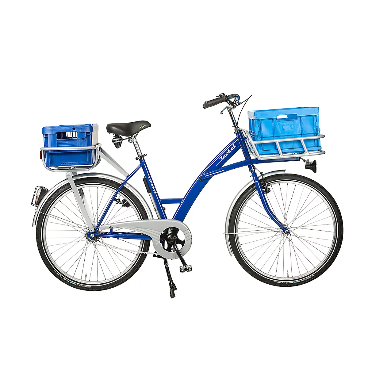 Bicicleta de transporte, 3 velocidades, cuadro de acero, portacargas en la rueda delantera, iluminación, azul RAL 5002