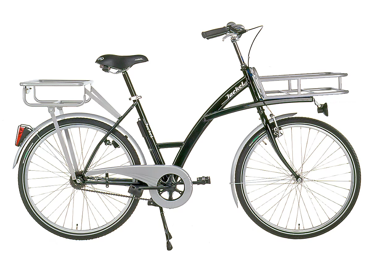 Bicicleta de transporte, 3 velocidades, cuadro de acero, portacargas en la rueda delantera, iluminación, negro RAL 9005