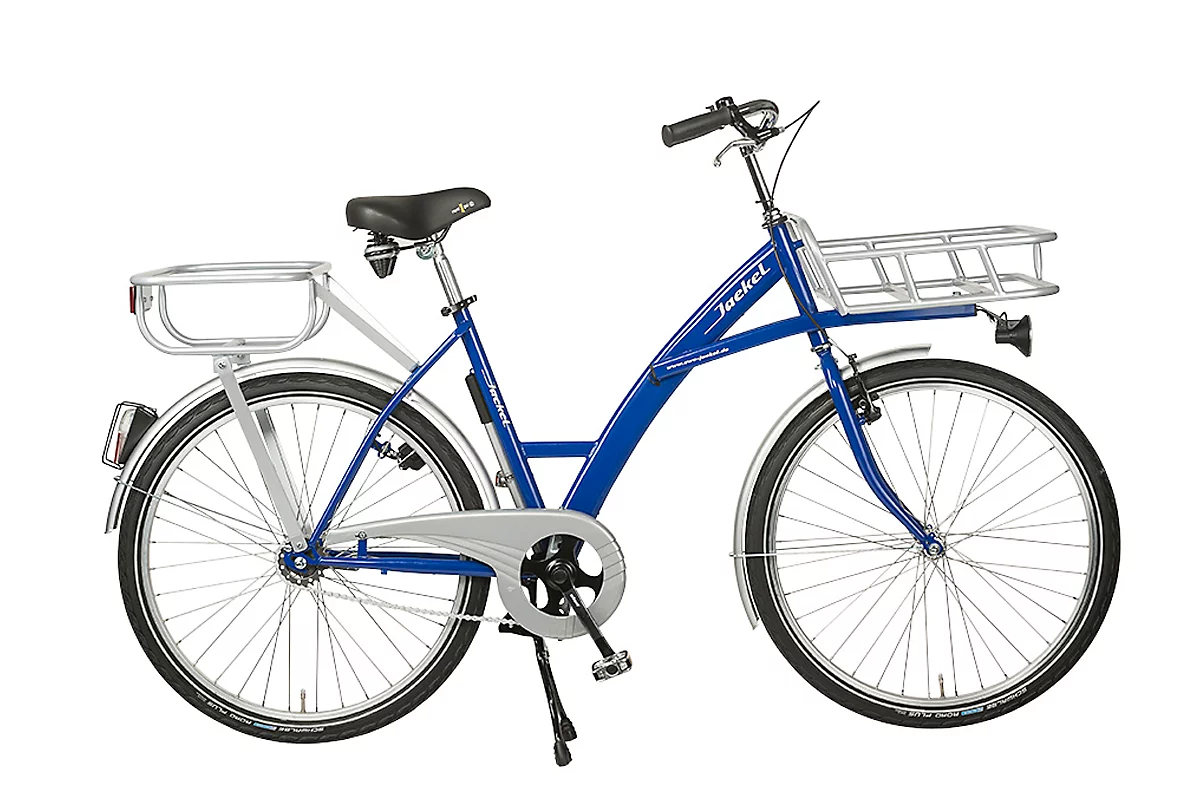 Bicicleta de transporte, bastidor de acero, con portacargas sobre la rueda delantera, incluyendo luces, azul RAL 5002